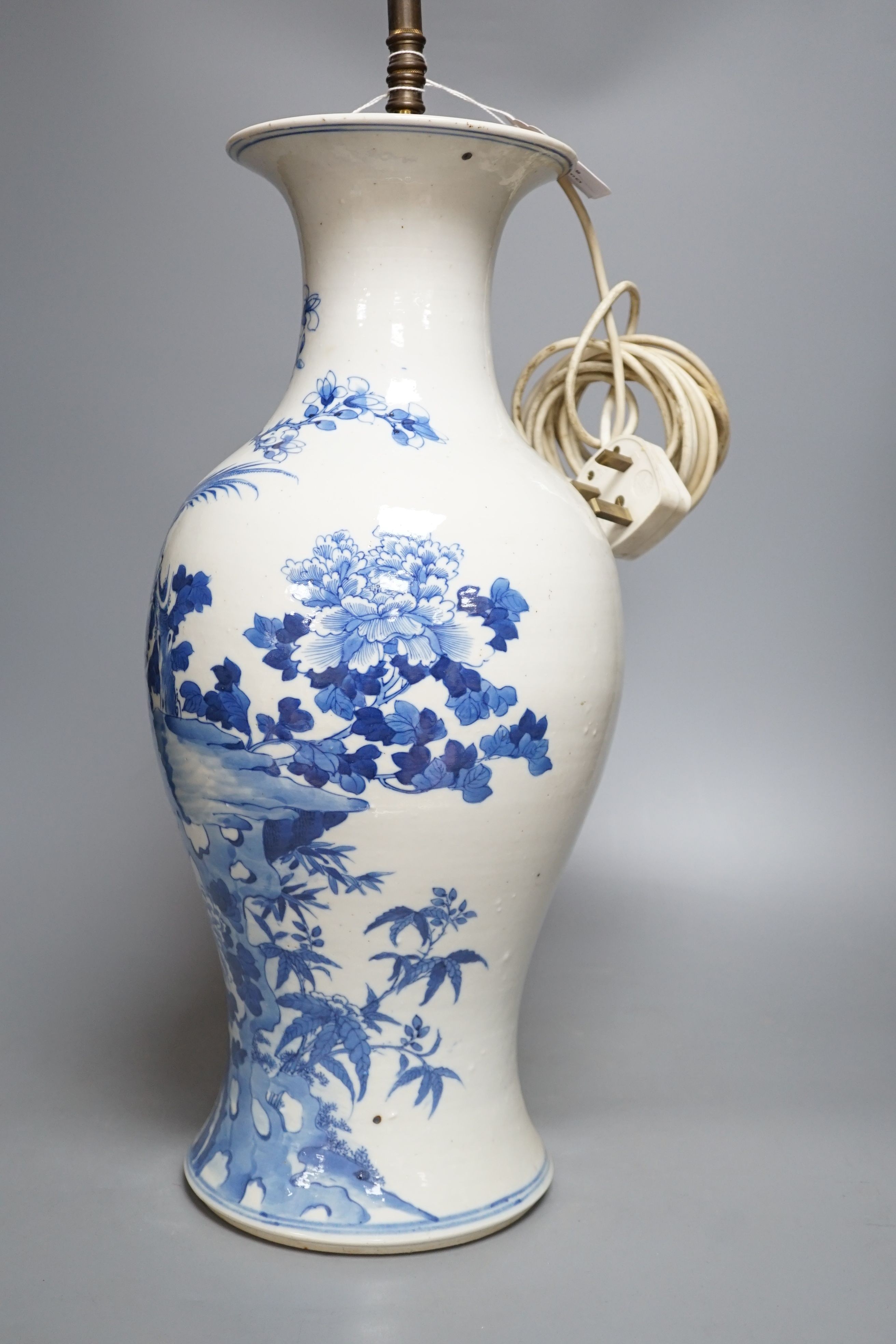 A 19th century Chinese blue and white ‘pheasant and rockwork’ baluster vase, converted to a lamp, total height 58cm